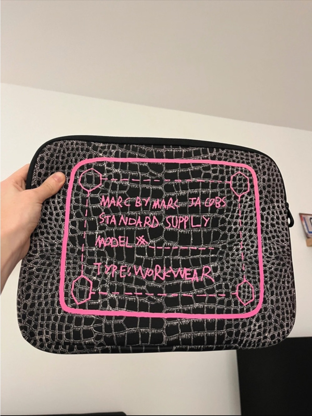 Marc by Marc Jacobs Black Croc-Embossed Tech Sleeve with Pink Logo